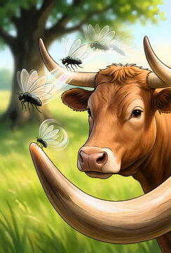 A brown bull head portrait with horns and small flies buzzing around in a bright pasture livestock portrait