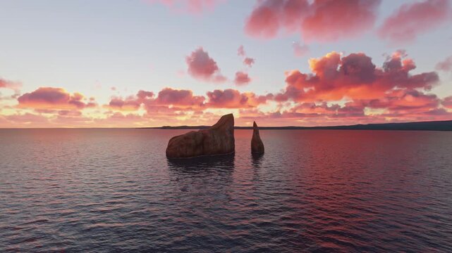 Circular aerial drone view at sunset in Kicker Rock. Ecuador