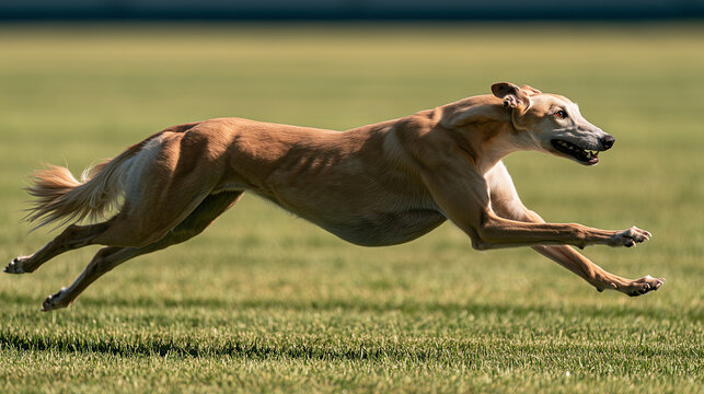Greyhound sprinting at full racing speed running fast on grassy track daylight -  