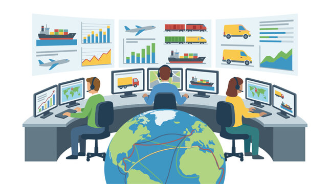 Logistics operations center with people monitoring global shipping, air cargo, and road transport on screens