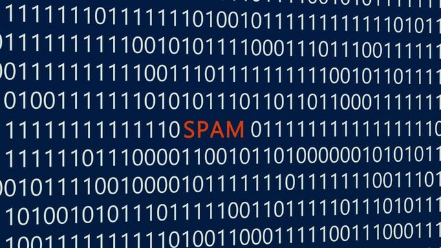 Spam text or word with digital binary animation background, designed for an illustrative digital world technology concept representing unsolicited bulk messages, phishing campaigns