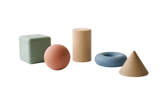 Minimalist geometric 3D shapes in pastel colors, matte primitive objects collection, abstract composition of cube sphere cylinder torus and cone isolated PNG with Transparent Background