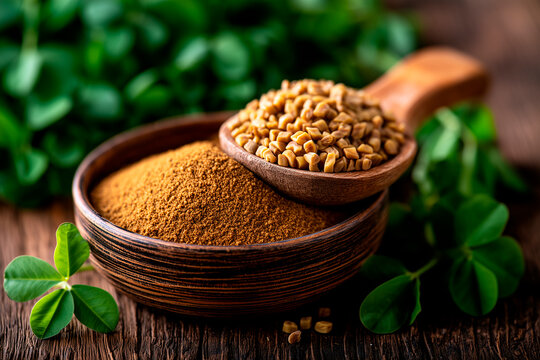 A bowl holds finely ground fenugreek powder alongside a wooden spoon filled with fenugreek seeds. Fresh fenugreek leaves surround the bowl, showcasing a natural culinary setup
