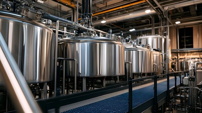 Rows of large stainless steel fermentation tanks in a modern industrial brewery with overhead piping and walkway