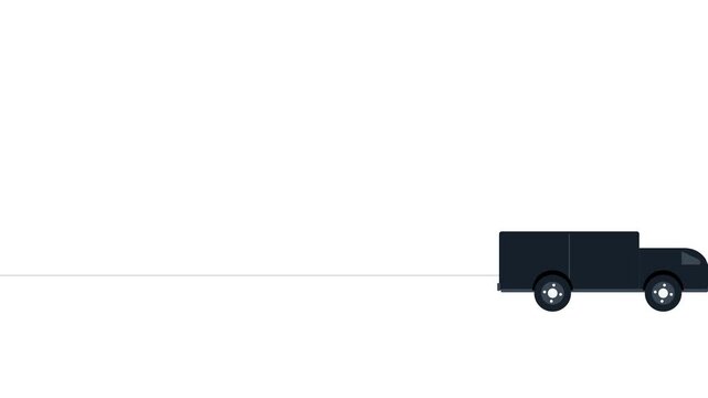 Flat vector animation of a dark armored vehicle driving horizontally against a minimalist white background for motion design projects