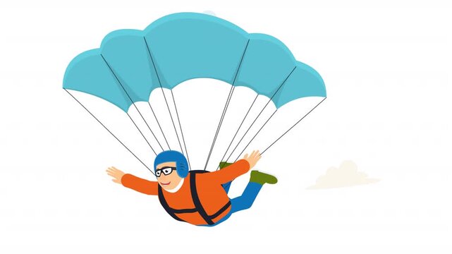 A cartoon skydiver descends with a blue parachute. Skydiver animation, alpha channel. Cartoon