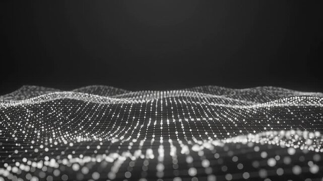 Abstract digital landscape with glowing white particles forming wave patterns on a dark background