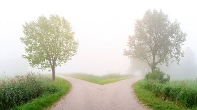 diverging. Forked road diverging through misty landscape, symbolic choice concept, natural ambient light. ESG reports, sustainability campaigns, designed for environmental awareness campaigns.
