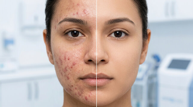 Before and After Acne Treatment: Woman's Face Divided Showing Skin Improvement