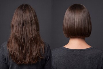 Fototapeta premium Before and after hair transformation of a woman showing long wavy hair and a sleek bob haircut