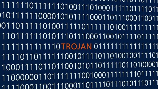 Trojan text or word with digital binary animation background, designed for an illustrative digital world technology concept representing hidden malware threats, deceptive cyber payloads