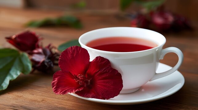 A white cup of hibiscus tea rests on a wooden surface beside a vibrant red hibiscus flower