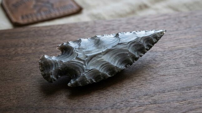 Ancient arrowhead made of dark stone resting on a colorful patterned textile surface