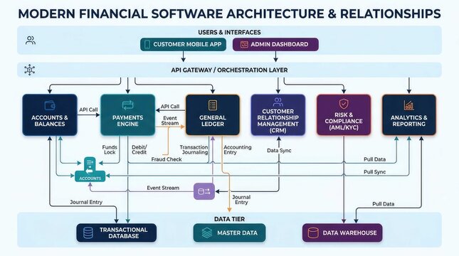 Modern financial software architecture and solutions with data flow diagram