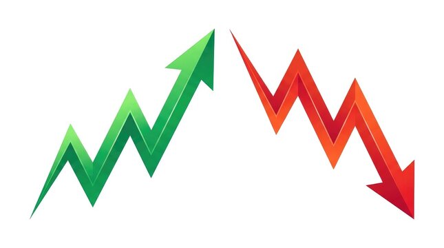 Financial chart showing upward growth on the left and downward decline on the right