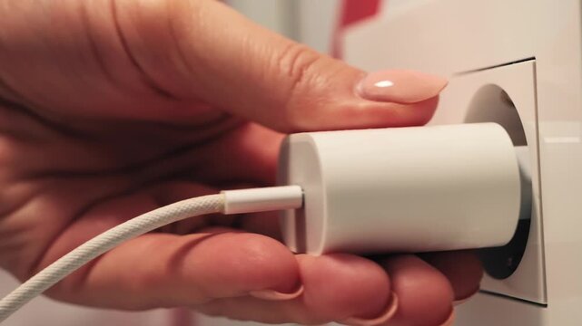 Close-up of a hand unplugging a white charger adapter from a wall electrical outlet. High quality 4k footage