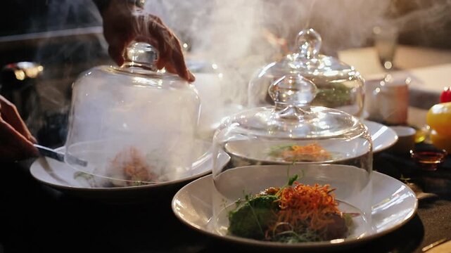 Chef lifts leftmost blown-glass cloche, releasing dense white smoke that billows upward around three white ceramic plates topped with clear domes, foreground dome remains in place covering garnish