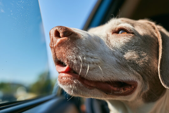Dog drooling on car window during ride, close-up in daylight - pet travel