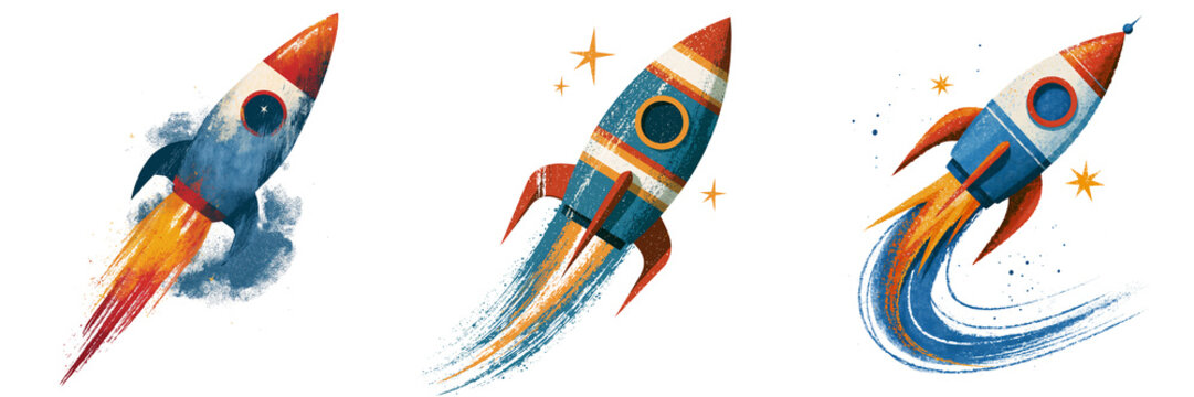 Set of Vintage Retro Rocket Illustration with Grunge Texture and Stars transparent PNG background. Ai generated