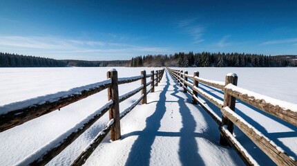 Obraz premium Wooden fence traverses a snow covered field toward a distant pine forest under a clear blue sky. Shadows stretch across the pristine white ground. Winter landscape offers a peaceful journey.