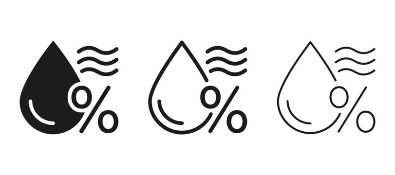 Humidity vector icon set moisture level percentage sign with water drop and vapor waves weather, climate, skin care or laundry drying symbols
