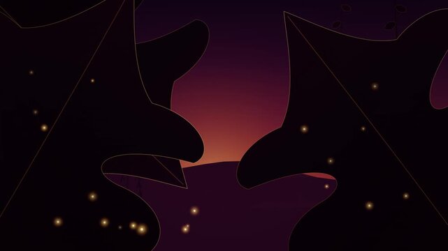 Dark abstract monster silhouettes with glowing particles at sunset