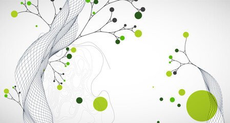 Obraz premium Abstract eco background with wave grid, green circles, and branching lines. Vector