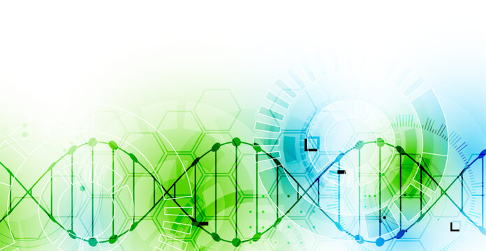 Abstract biotechnology background with a green and blue DNA double helix molecule and hexagonal patterns on a white background.