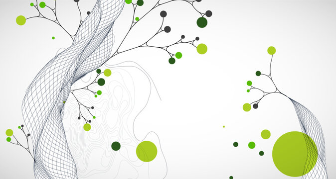 Abstract eco background with wave grid, green circles, and branching lines. Vector
