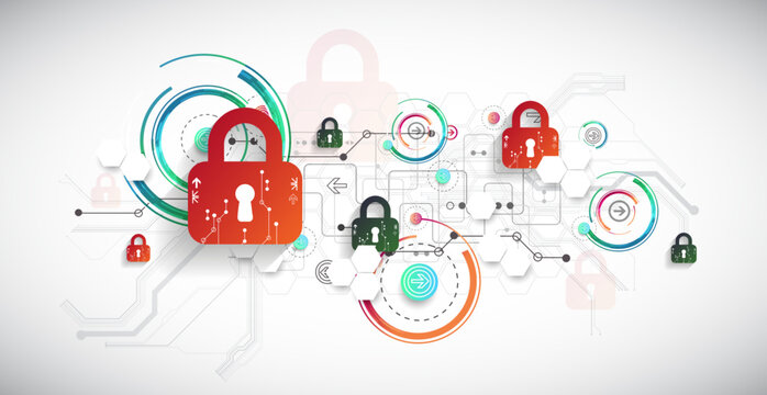 Cybersecurity background with colorful padlocks, circuit board lines, geometric circles. Vector concept