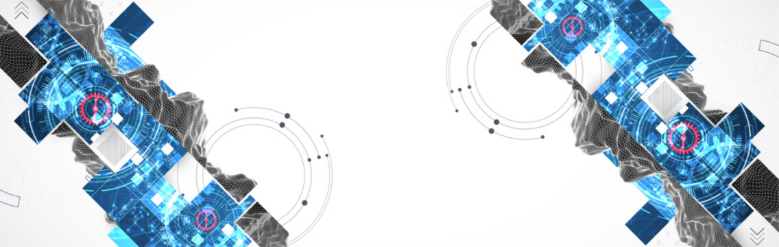 Abstract technology background with digital squares,  and wireframe landscape. Vector