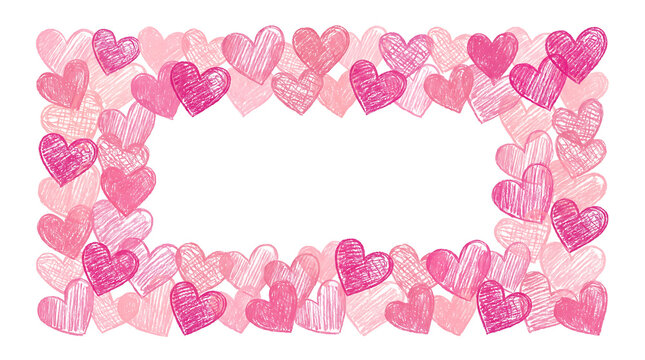 Hand drawn pink heart border frame with white copy space area