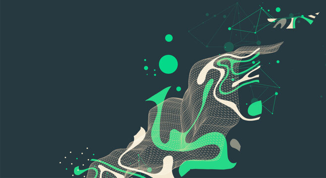 Abstract futuristic background with dynamic green and beige fluid waves, mesh grid, geometric lines. Vector