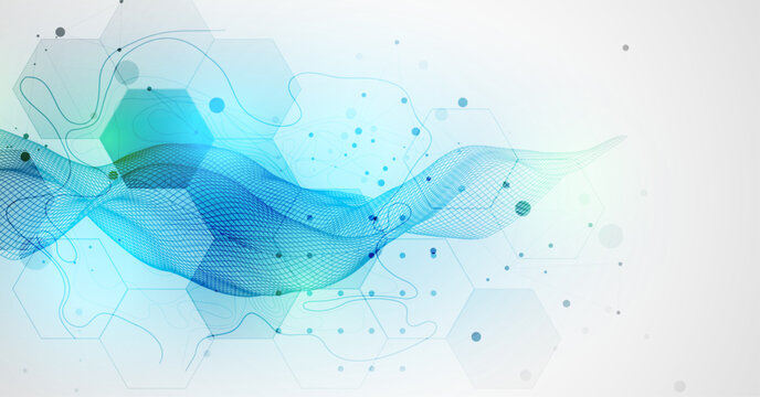 Abstract technology background with blue wireframe wave and  hexagons. Vector