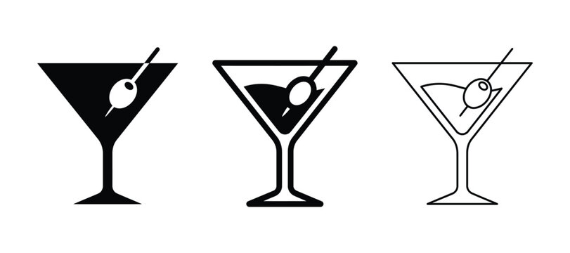 Cocktail glass icons set with olive on a toothpick, vector illustration