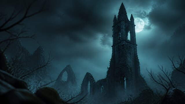 Foggy Gothic Bell Tower Ruin Under Moonlight