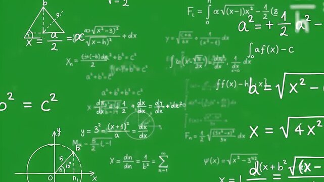Mathematical formulas on green chalkboard, complex physics equations and geometry calculations on school blackboard, academic science background for education and university learning