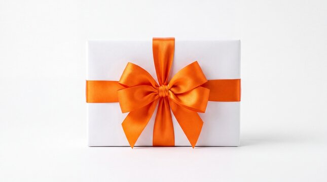 White gift box with a bright orange silk ribbon bow