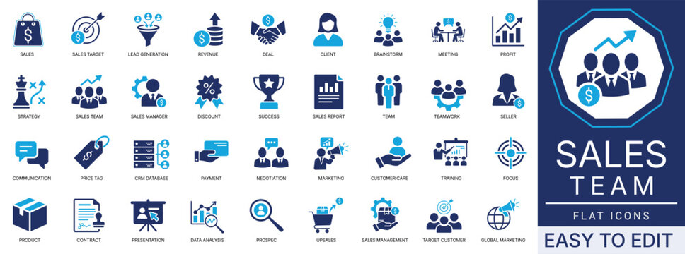 Sales team solid icon set, communication, marketing, representative, teamwork, success, for digital interface, UI and UX presentation, editable vector illustration
