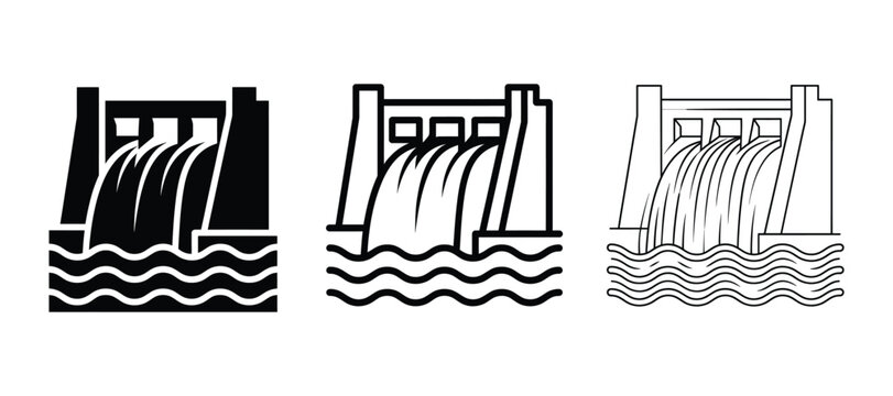 Set of three black and white hydro power dam icons with overflowing water streams and waves