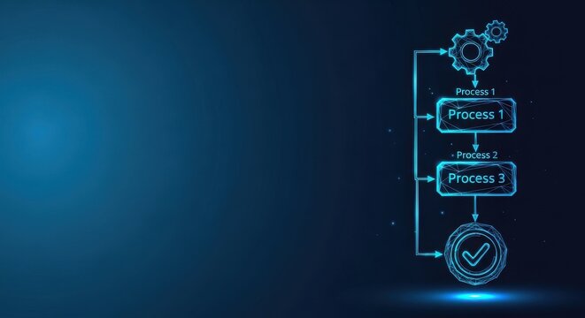 Abstract digital flowchart diagram representing algorithmic process and logical data flow on a dark blue background