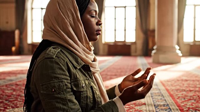 Muslim woman praying in mosque with sunlight