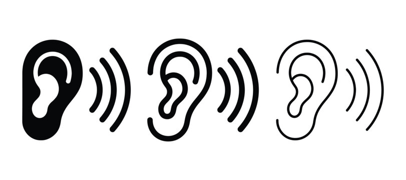 Ear icon set, listening symbol, hear sound vector graphic design