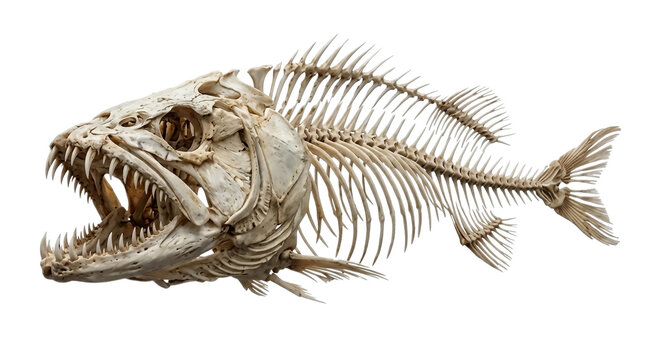 Complete Skeleton of a Predatory Fish Isolated on White Background
