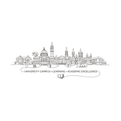 Fototapeta premium University campus skyline line art with academic icons