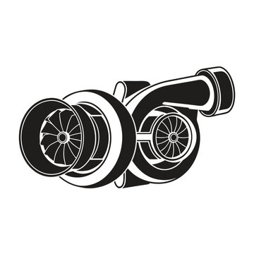 Automotive turbocharger vector illustration, black and white car turbo engine part, high performance racing turbine icon for mechanical engineering