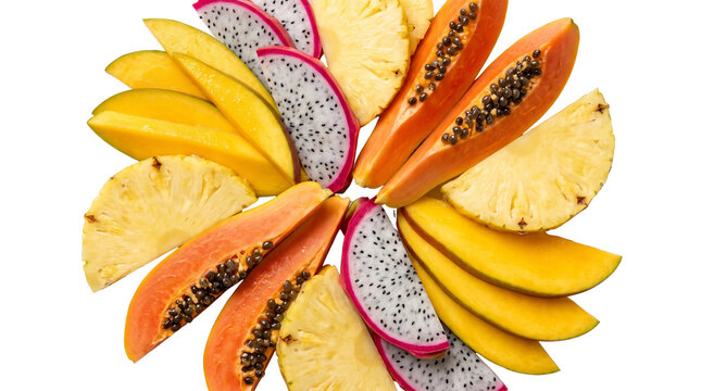 Tropical fruit platter with sliced mango, papaya, dragon fruit and pineapple. Fresh exotic fruit assortment on white background.