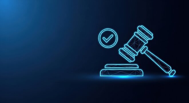 Neon glowing legal gavel and checkmark icon representing justice and approval on a dark blue abstract background