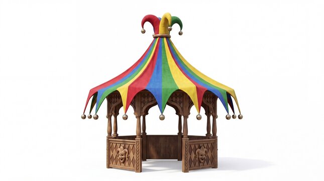 Whimsical Wooden Gazebo With Colorful Jester Themed Circus Style Canopy Isolated on White