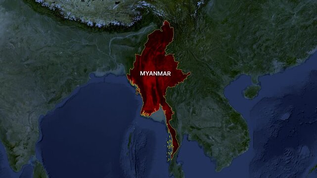 Myanmar country map animation with satellite background and borders.